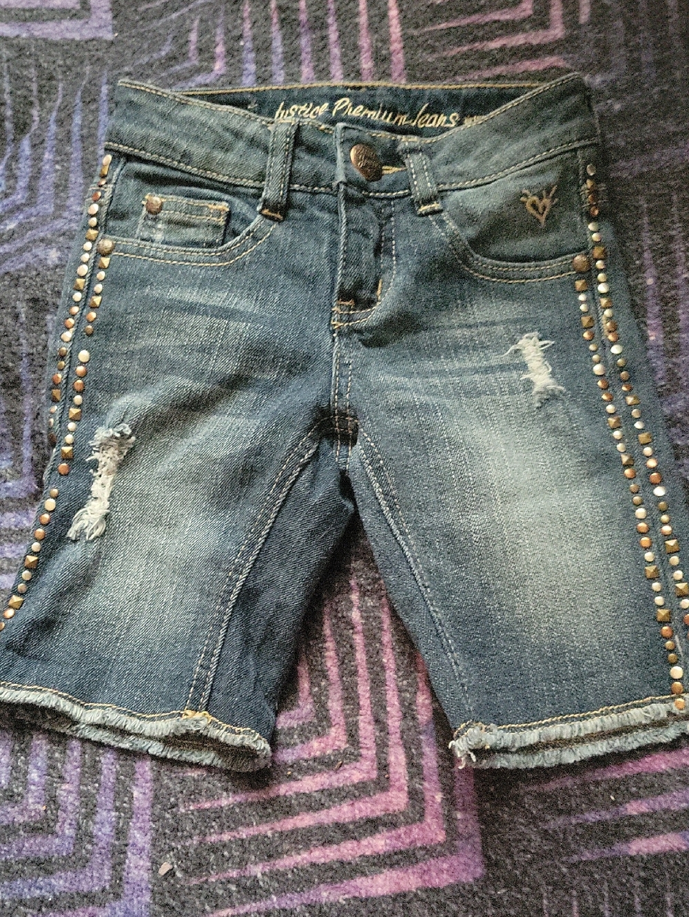 Justified Premium Jeans Studded Distressed Denim Bermuda Shorts - Dark Blue